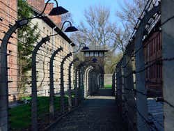 Auschwitz, alambrada y torre de vigilancia
